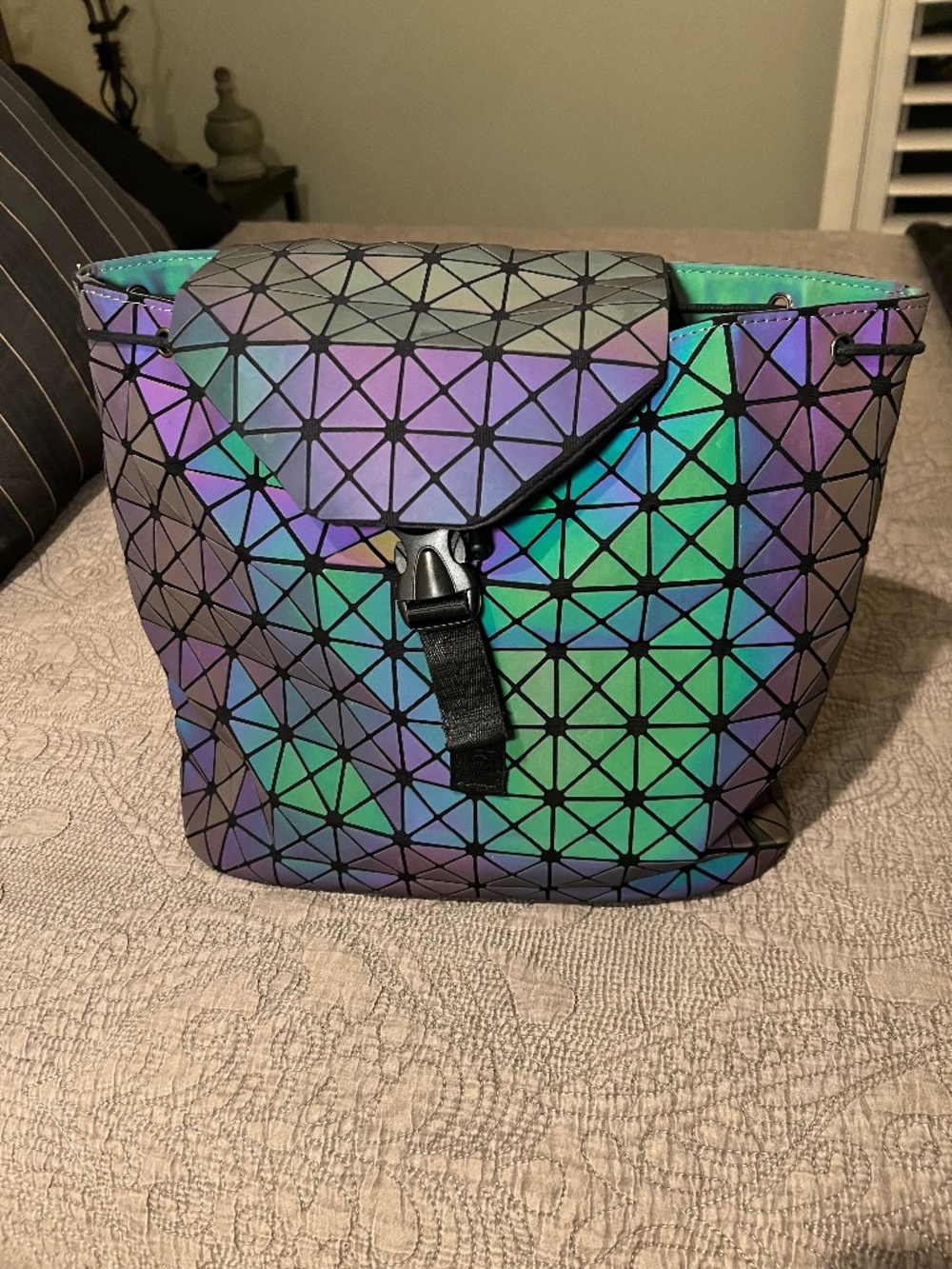 Bao Bao Issey Miyake Green Purple Backpack Flap Drawstring Holographic Design